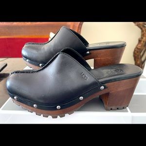 UGG Black Leather Mules with Brown Wooden Heel